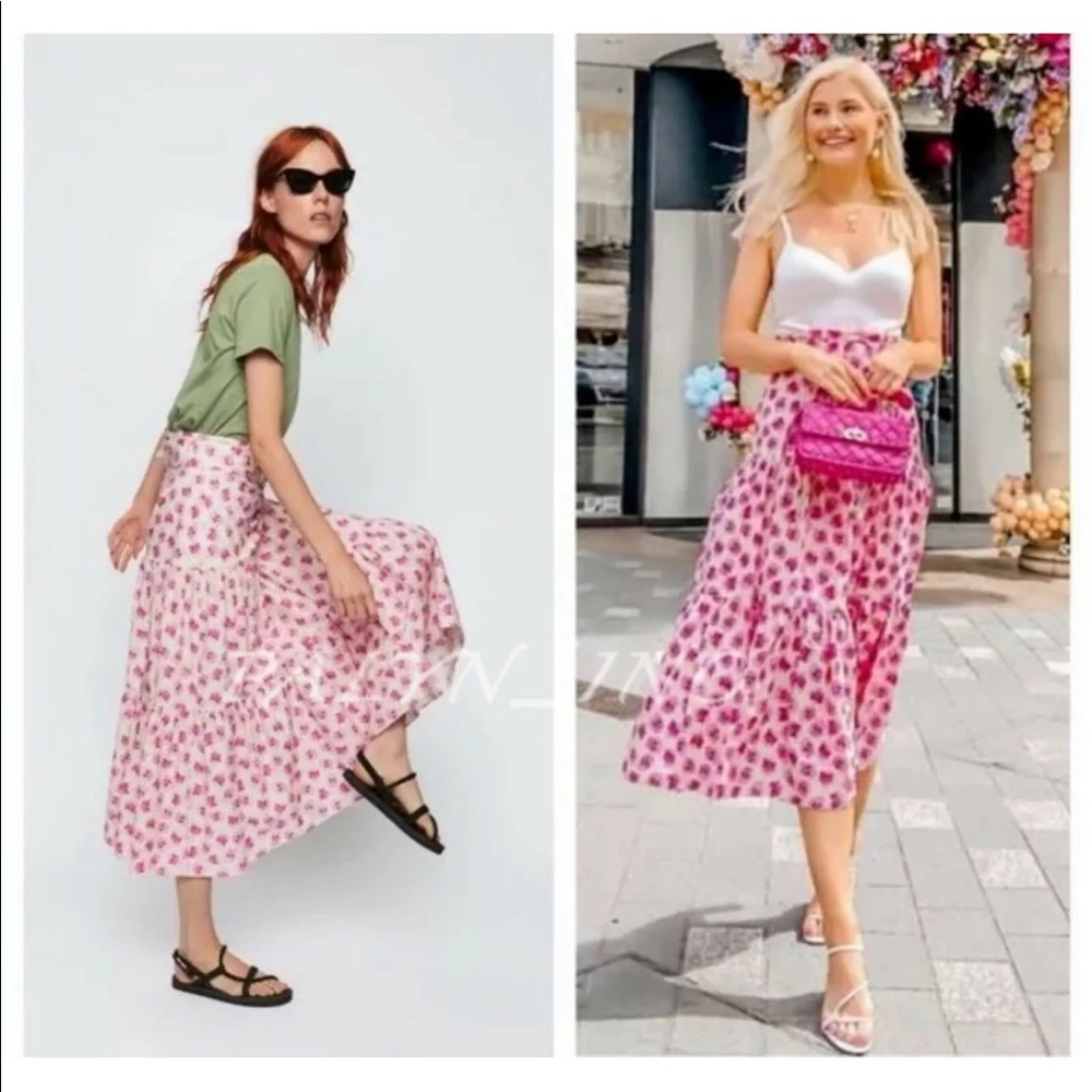 NWOT Zara Pink Floral Belted Midi Skirt Size M